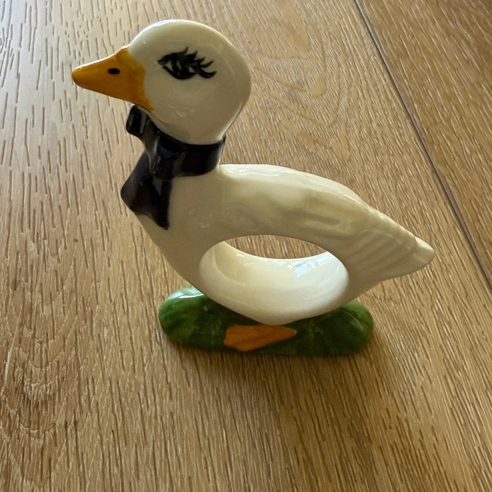 Vintage Ceramic Goose Napkin Rings Set of 9 White Blue Bow Farmhouse Decor